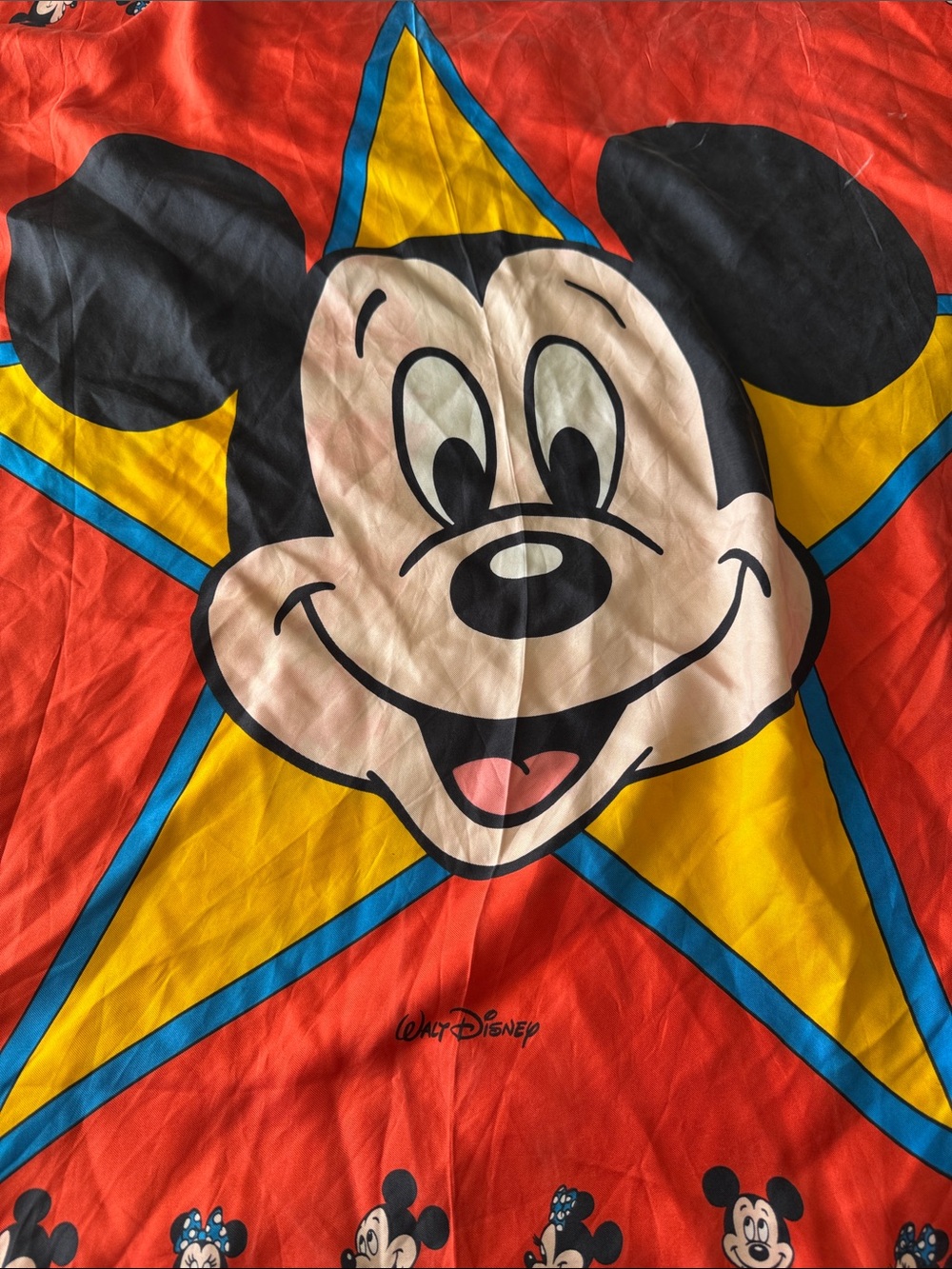 Vintage Disney Mickey Minnie Silk Scarf Red Green Star Graphic Italy Luxurious - Picture 2 of 12